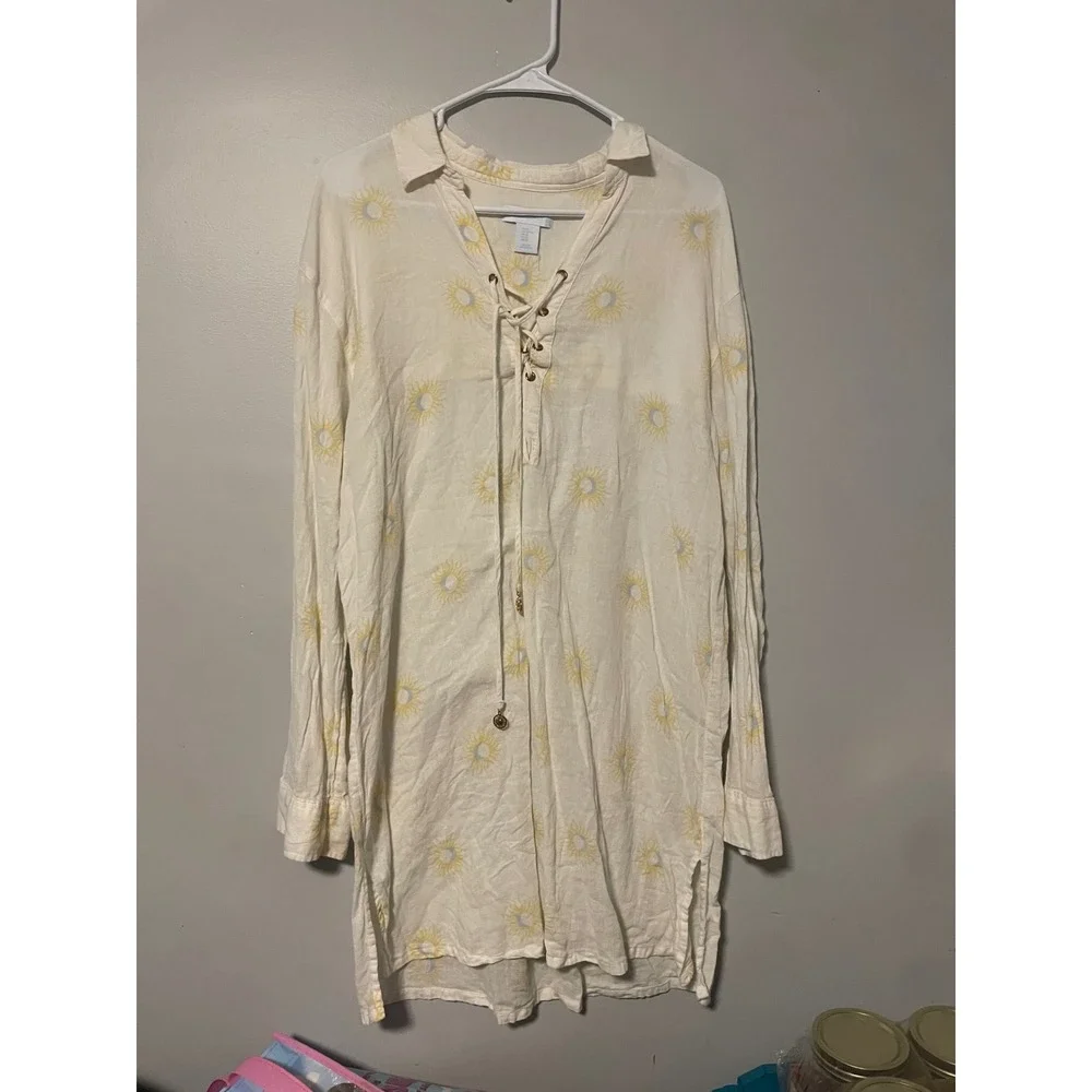 Cynthia Rowley Sun Moon Linen Blend Lace Up Beach Cover Up Dress XL White Yellow